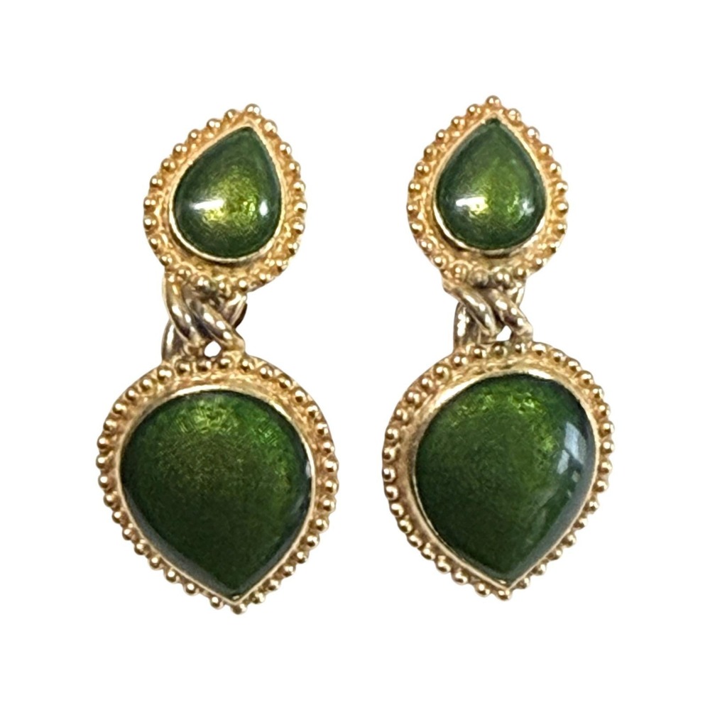 Trifari Green Enamel Drop Dangle Earrings Vintage Gold Tone Setting Clip On EC